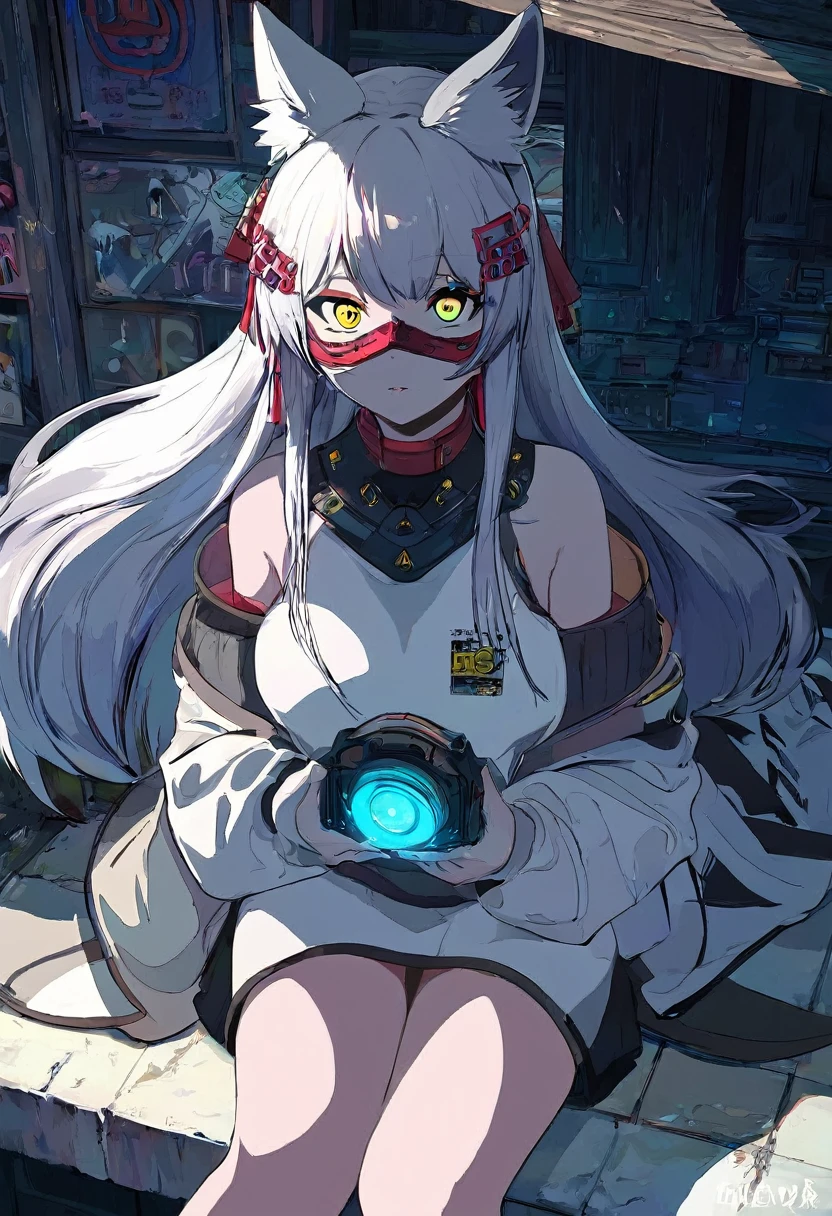 Capturing the essence of futurism,, shadow over face, And the flashing lights of electronic devices. The art is very realistic,Cyberpunk面具，1 Girl, Shrine maiden，Fox Mechanical Mask，Cyberpunk, Cyberpunk面具，Precision mechanics， summer，Shrine maiden服， Big Perspective，Overlooking，Sitting and looking up at the camera，Close shot，Focus on the characters，精致的design感，Simplicity，design，Black and White，No background，Simplicity的空白背景

