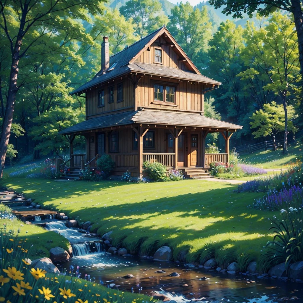 A charming wooden cottage in a meadow of wildflowers, with rolling hills and lush green grass in the distance. A babbling brook flows under a rustic wooden bridge, with sunlight streaming through the trees. Birds fly overhead, enhancing the warm and inviting ambiance. (best quality, 4k, 8k, highres, masterpiece:1.2), ultra-detailed, (realistic, photorealistic, photo-realistic:1.37), landscape, natural lighting, vibrant colors, serene.