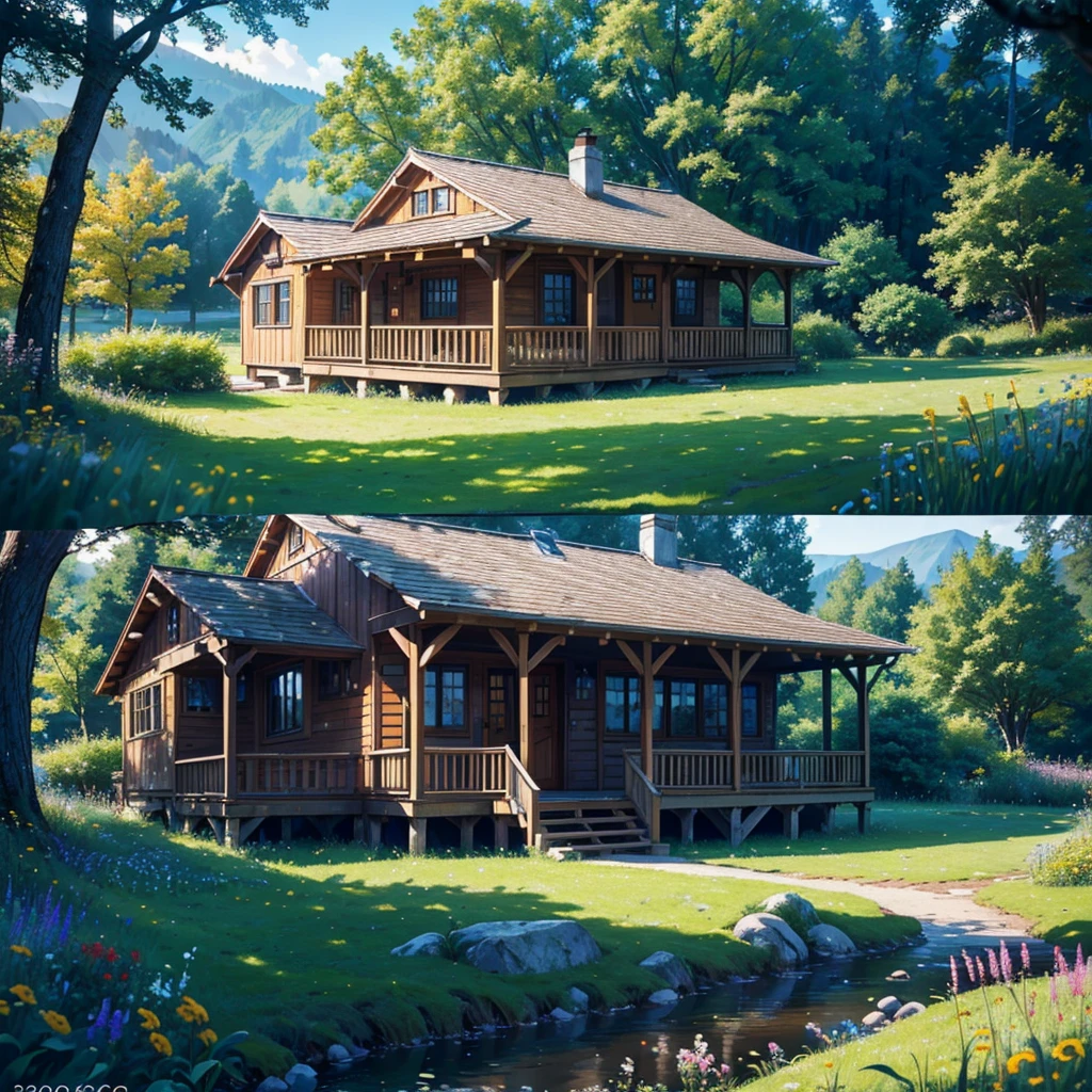 A charming wooden cottage in a meadow of wildflowers, with rolling hills and lush green grass in the distance. A babbling brook flows under a rustic wooden bridge, with sunlight streaming through the trees. Birds fly overhead, enhancing the warm and inviting ambiance. (best quality, 4k, 8k, highres, masterpiece:1.2), ultra-detailed, (realistic, photorealistic, photo-realistic:1.37), landscape, natural lighting, vibrant colors, serene.