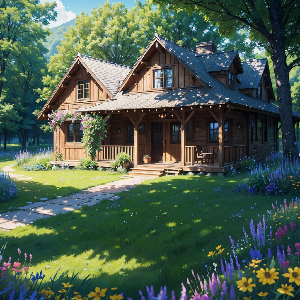 A charming wooden cottage in a meadow of wildflowers, with rolling hills and lush green grass in the distance. A babbling brook flows under a rustic wooden bridge, with sunlight streaming through the trees. Birds fly overhead, enhancing the warm and inviting ambiance. (best quality, 4k, 8k, highres, masterpiece:1.2), ultra-detailed, (realistic, photorealistic, photo-realistic:1.37), landscape, natural lighting, vibrant colors, serene.