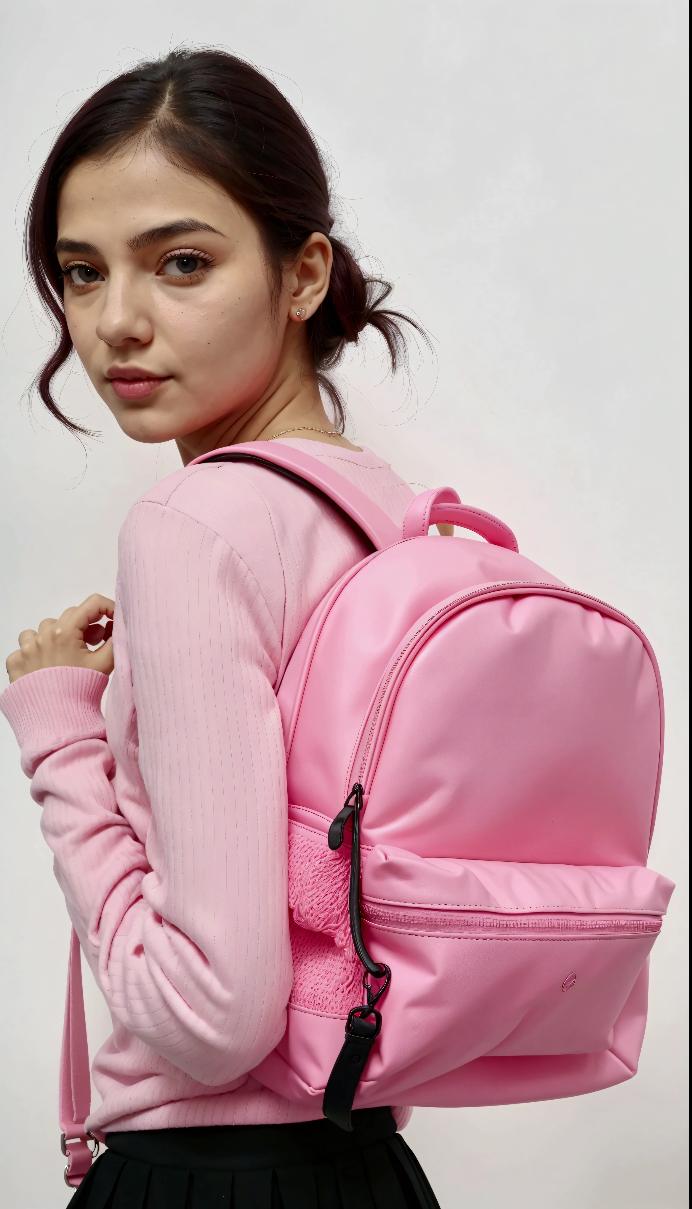 a woman in a pink sweater and black skirt holding a pink Mochila, Mochila, o saco da escola, a Mochila, with a Mochila, wearing strawberry Mochila, néon rosa pastel, Rosa neon, roupas rosa, Rosa, dayglo rosa, vibração rosa, bolsas, detalhes rosa e rosa, 🤬 🤮 💕 🎀, imagem de perfil, detalhes em rosa, um pouco de rosa