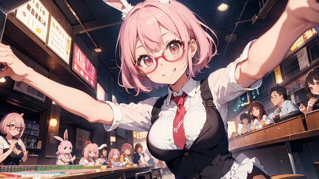 solo,whole body,Standing position right,Light pink hair,Bob Hair,Red Glasses,Bunny girl,Bingo Games,smile,Big Breasts,cute