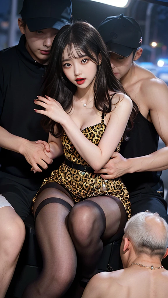 (high quality), (NSFW:1.2), (at night : 1.8), (In the open trunk of the jeep :1.5), (차량의 뒷좌석과 화물칸은 섹스를 하기 위해 넓게 준비된 공간입니다:1.5), (one girl is being raped by number of boys on vehicle trunk place.:1.5), (그녀는 이곳에서 남자들에게 성매매하는 매춘부입니다.:1.4), (그녀는 착의 섹스를 합니다:1.4), (a girl is 20 years old:1.3), (a Korean :1.6), (her body is very slim and attractive.:1.4), (her costume is feminine as follows. : 1.5), (그녀는 한쪽으로 묶은 금발머리를 가지고 있습니다 :1.5), (leopard feminine dress that sticks to the body :1.5), (her dress that clings to the hips and thighs :1.5), (Her legs are beautiful that weared shiny pantyhose. :1.5), (her legs together side : 1.6), (feminine accessories :1.5), (Heavy face makeup and nail art on the nails : 1.5), (Strappy high heels : 1.3), (The costume described above do not apply to boys.:1.8), (they are wearing men's wear except her : 1.5), (boys sitting on both sides of her they are being touched her body :1.6), (She is caught and sexually harassed by boys : 1.7), (all korean agers : 1.6), (She is being blackmailed by them.:1.5), (There is BDSM equipment in the background:1.3), The men lay down the woman and fuck her roughly with their cocks., dick inserted into pussy