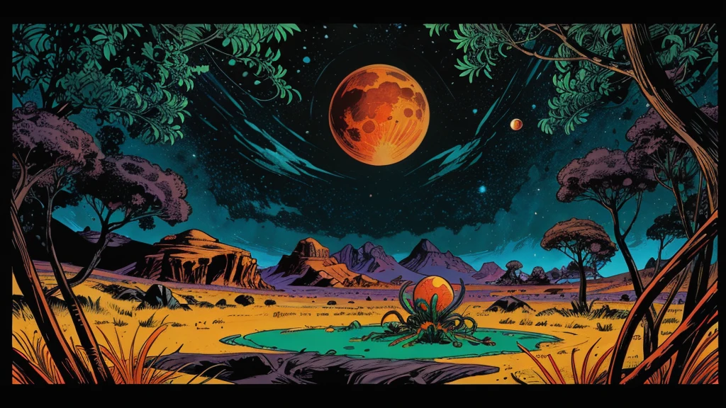 An artist's rendering of an exoplanet, strange plants, strange animals, flying creatures in the style of 1950s-70s comic book art. Use bold outlines, halftone patterns. Employ intense, saturated colors reminiscent of vintage four-color printing. Maintain a psychedelic, otherworldly atmosphere with swirling, colorful skies and strange celestial bodies. Bright red, green, blue, purple, orange color. Emphasize the contrast between light and shadow to create a dramatic, pulp sci-fi feel. 