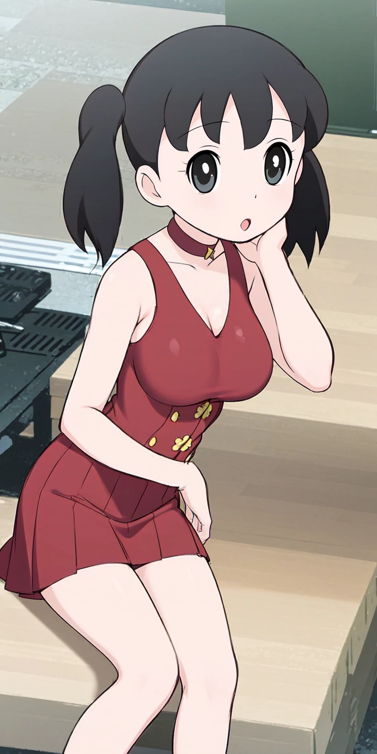 1girl, solo, upper body, red skirt, black hair, twintails, large breasts, short twintails, backrest on sofa,