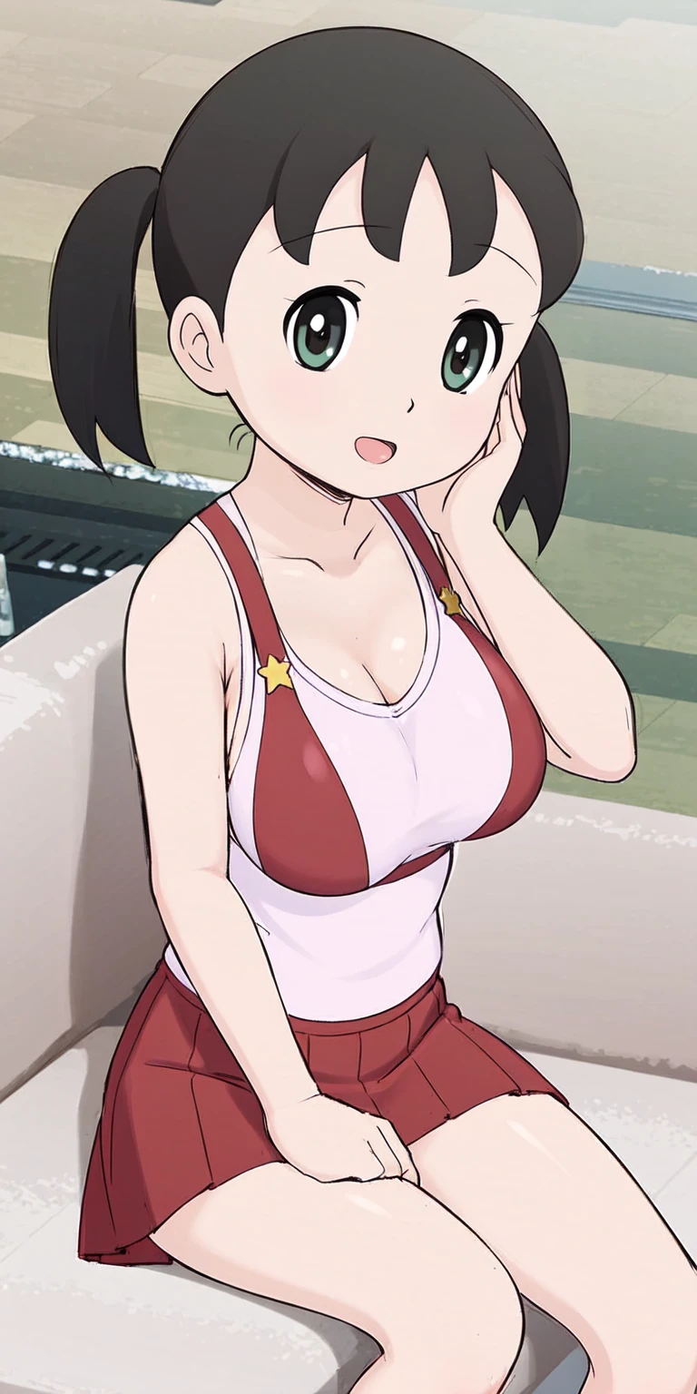 1girl, solo, upper body, red skirt, black hair, twintails, large breasts, short twintails, backrest on sofa,