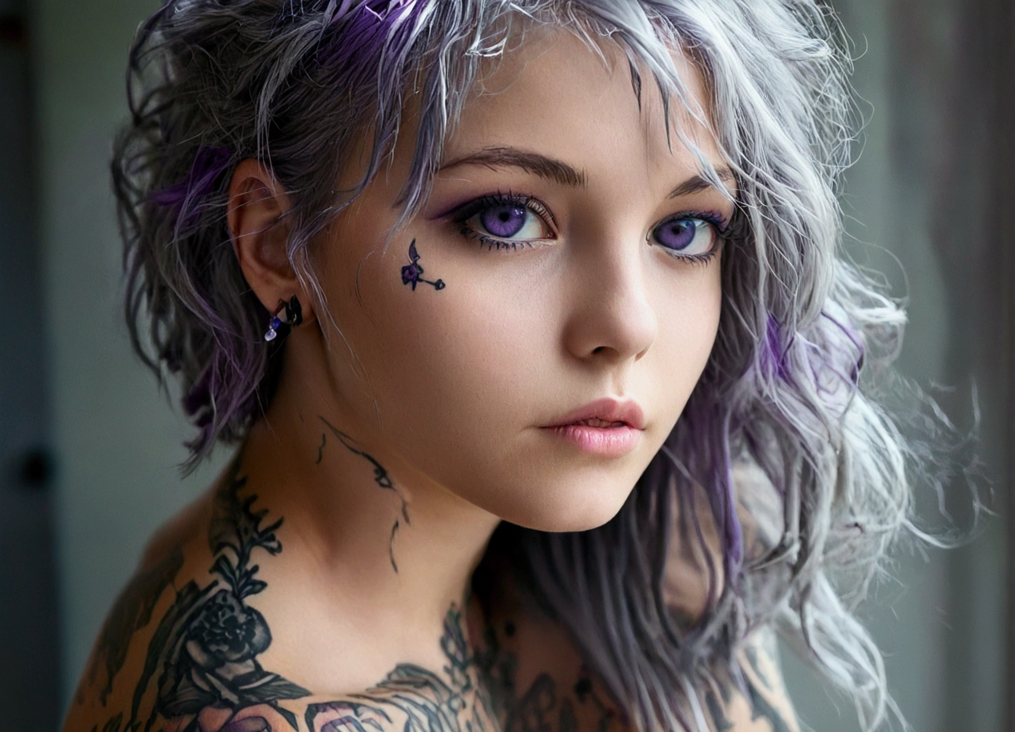 1girl, 1woman, cute, fully naked, chest tattoo, silver gray hair, purple eyes, full body shot