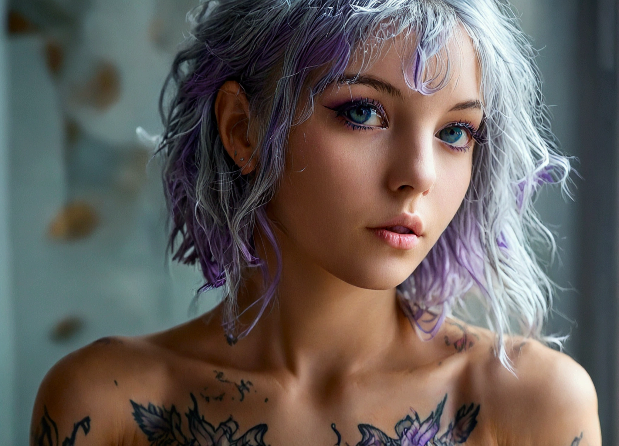 (Best quality), ((artistic realization)), (ultra detailed), Woman 20 Years Old Nordic Ethnicity, Short blue hair with a perfect face and light freckles, Blue-Green Eyes (makeup) , Natural breasts, a slim body, (narrow hips). (She is lying on her back, sakura flowers around, view from above, close-up), Dark atmosphere of the frame, (ultra detailed), ((photorealistic))