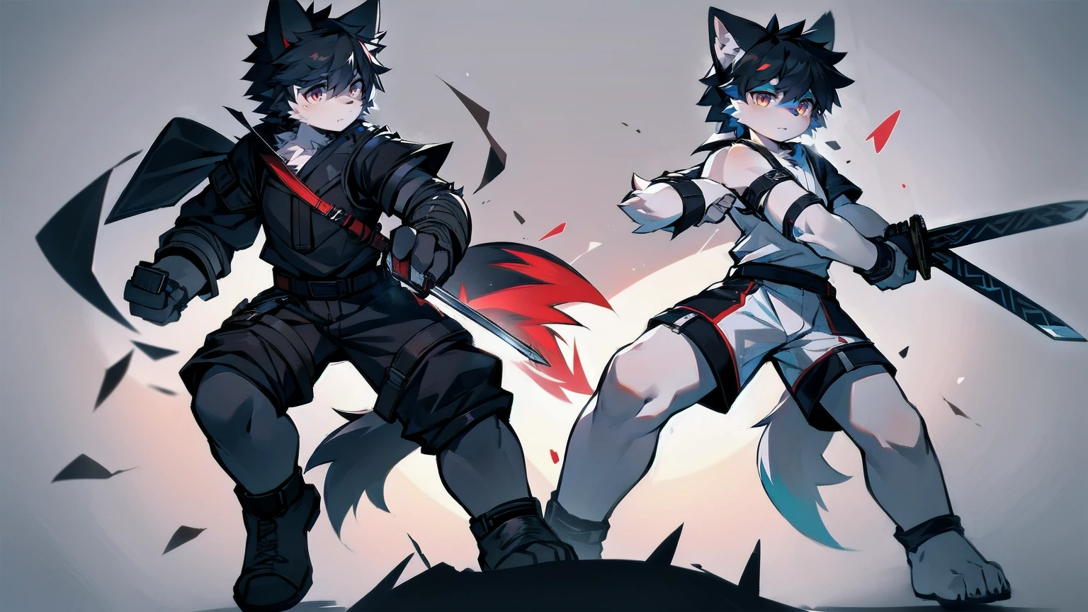 White Wolf,black hair,Red eyes,Wolf ears,Wolf Tail,juvenile,male,hairy,Hair,Half body armor,Combat uniform,Silver and black clothing,Handsome,Handsome,shorts,The forearm is exposed,leg,Fighting Stance,Duel,Two people,Anxious,Armed with a sword,Simple background,Swords