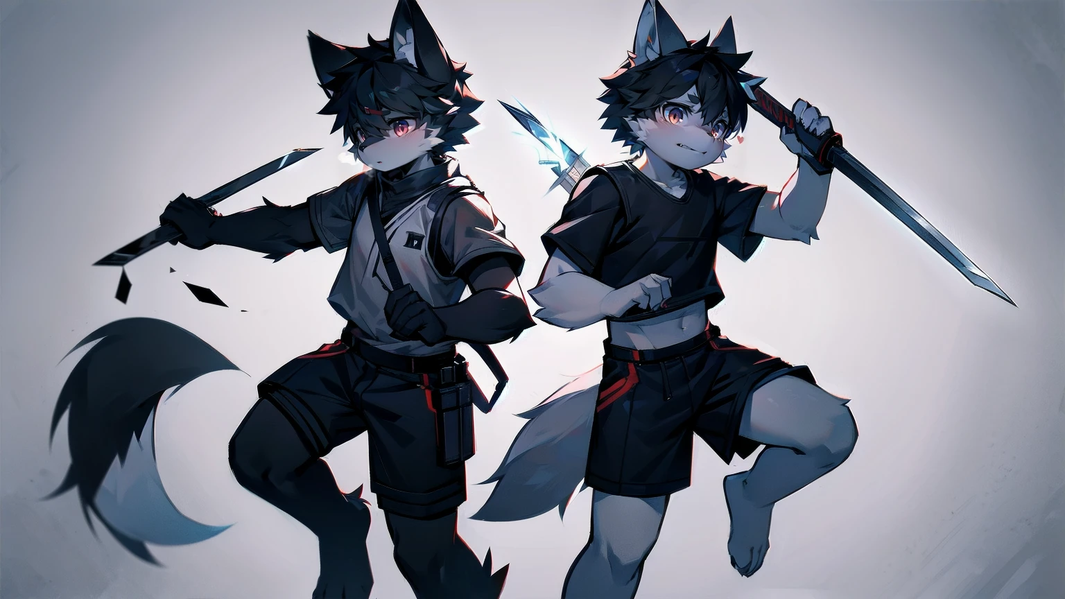 White Wolf,black hair,Red eyes,Wolf ears,Wolf Tail,juvenile,male,hairy,Hair,Half body armor,Combat uniform,Silver and black clothing,Handsome,Handsome,shorts,The forearm is exposed,leg,Fighting Stance,Duel,Two people,Anxious,Armed with a sword,Simple background,Swords