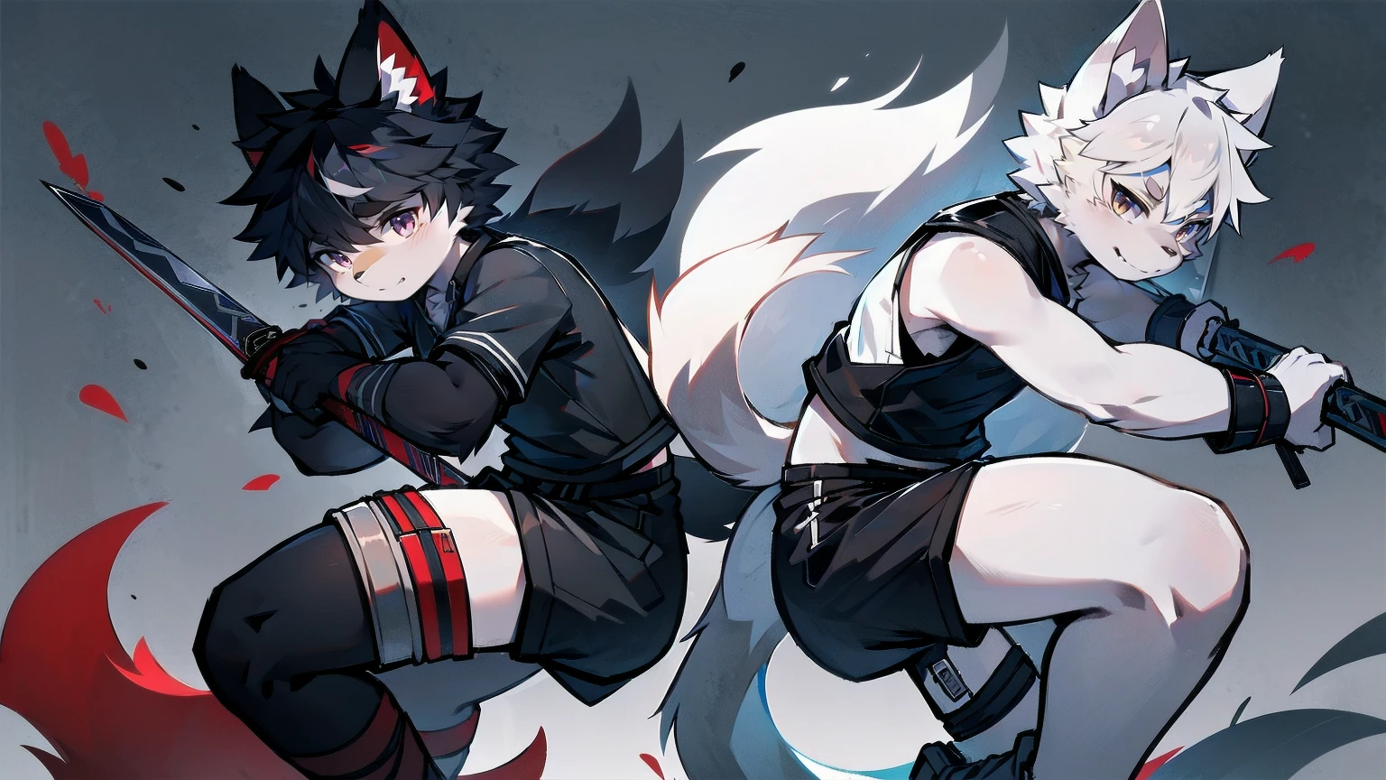 White Wolf，black hair，Red eyes，Wolf ears，Wolf Tail，juvenile，male，hairy，Hair，Half body armor，Combat uniform，Silver and black clothing，Handsome，Handsome，shorts，The forearm is exposed，leg，Fighting Stance，Duel，Two people，Anxious，Armed with a sword，Simple background，Swords