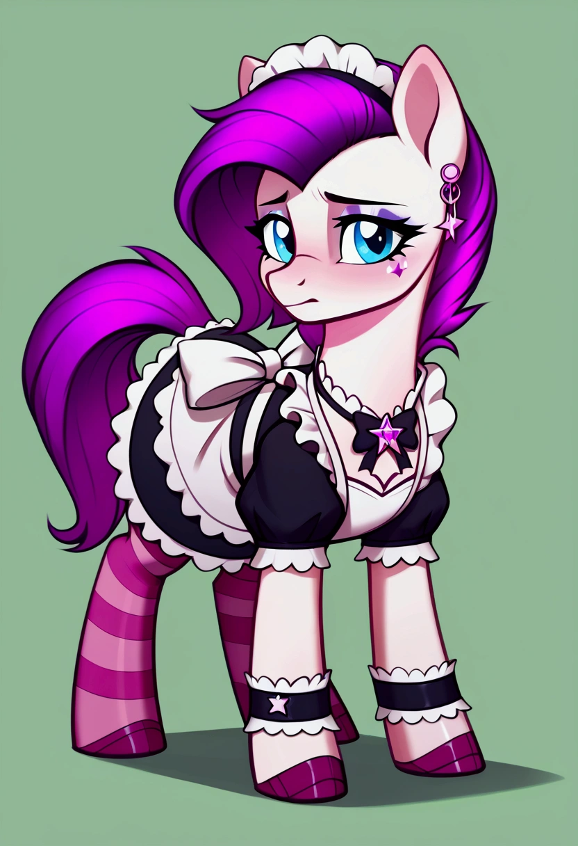 score_9,score_8_up,score_7_up,score_6_up, ((my little pony)), radiant lighting, vibrant colors, whimsical atmosphere, 8K, high resolution, highly detailed, masterpiece, (shy look), ((pony body)), white body, pink hair, blue eyes, (maid costume), striped stockings, star pendant, earrings, eyeshadow