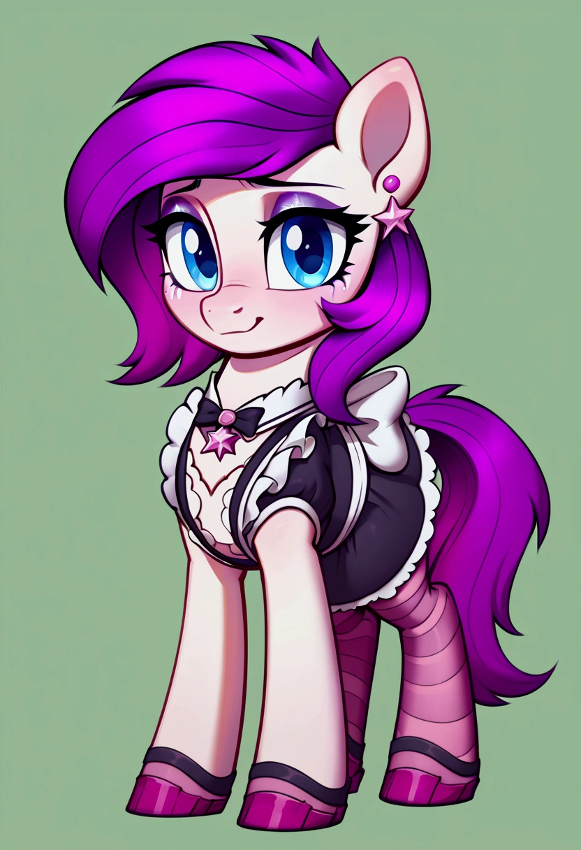 score_9,score_8_up,score_7_up,score_6_up, ((my little pony)), radiant lighting, vibrant colors, whimsical atmosphere, 8K, high resolution, highly detailed, masterpiece, (shy look), ((pony body)), white body, pink hair, blue eyes, (maid costume), striped stockings, star pendant, earrings, eyeshadow