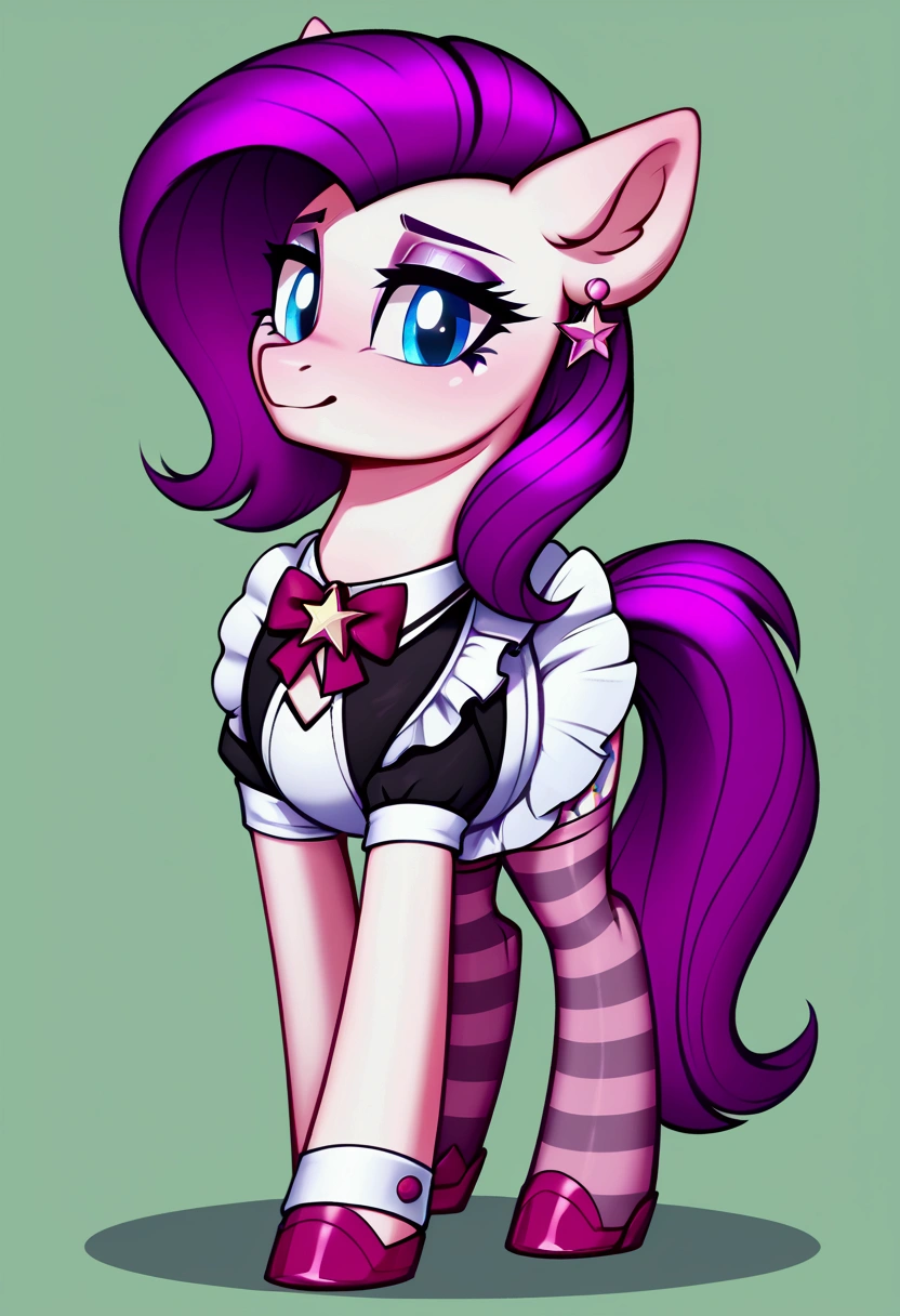 score_9,score_8_up,score_7_up,score_6_up, ((my little pony)), radiant lighting, vibrant colors, whimsical atmosphere, 8K, high resolution, highly detailed, masterpiece, (shy look), ((pony body)), white body, pink hair, blue eyes, (maid costume), striped stockings, star pendant, earrings, eyeshadow