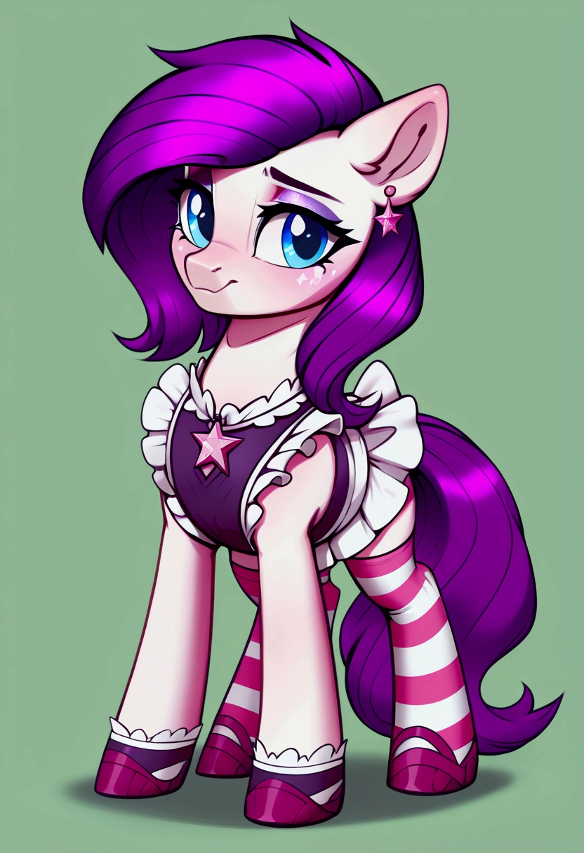 score_9,score_8_up,score_7_up,score_6_up, ((my little pony)), radiant lighting, vibrant colors, whimsical atmosphere, 8K, high resolution, highly detailed, masterpiece, (shy look), ((pony body)), white body, pink hair, blue eyes, (maid costume), striped stockings, star pendant, earrings, eyeshadow
