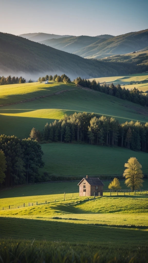 Simple and beautiful rural landscape with a small house 