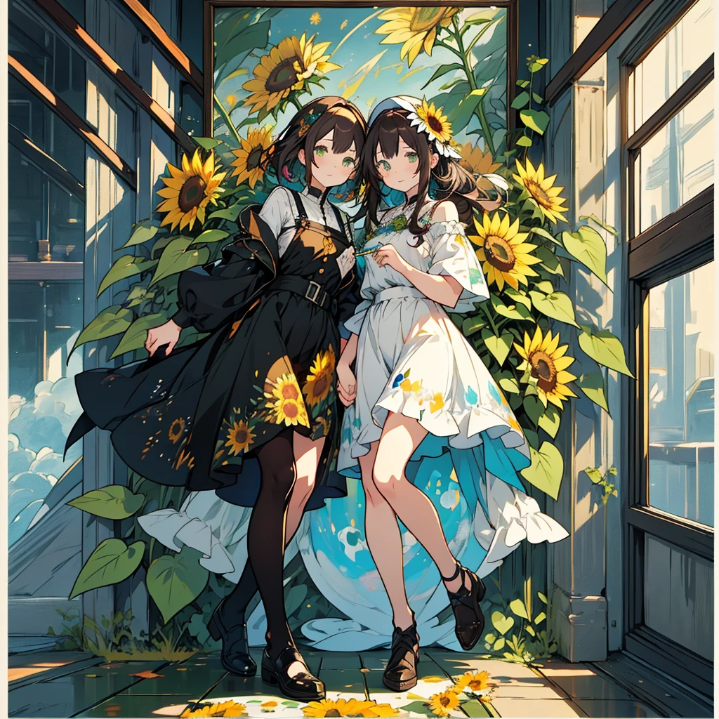 kawaii, anime, Cute, hyper quality, highly detailed, 16k, Front facing, Clarity, full body, one girl, colorful ink, brown long hair, green eyes, paint color, countless sunflowers, surrounded by sunflowers, Trapped inside a Van Gogh painting, ephemeral, paint, paint, brush, live inside the canvas, art supplies, oil, wonder, mysterious, rainbow colored sunflowers, Richly colored, Brightly colored sunflowers, highlight on eyes, long hair, splattered ink, scribble, countless handwritings, color palette, dark brown hair, long hair flowing, Draw eyes clearly, art, Atelier,