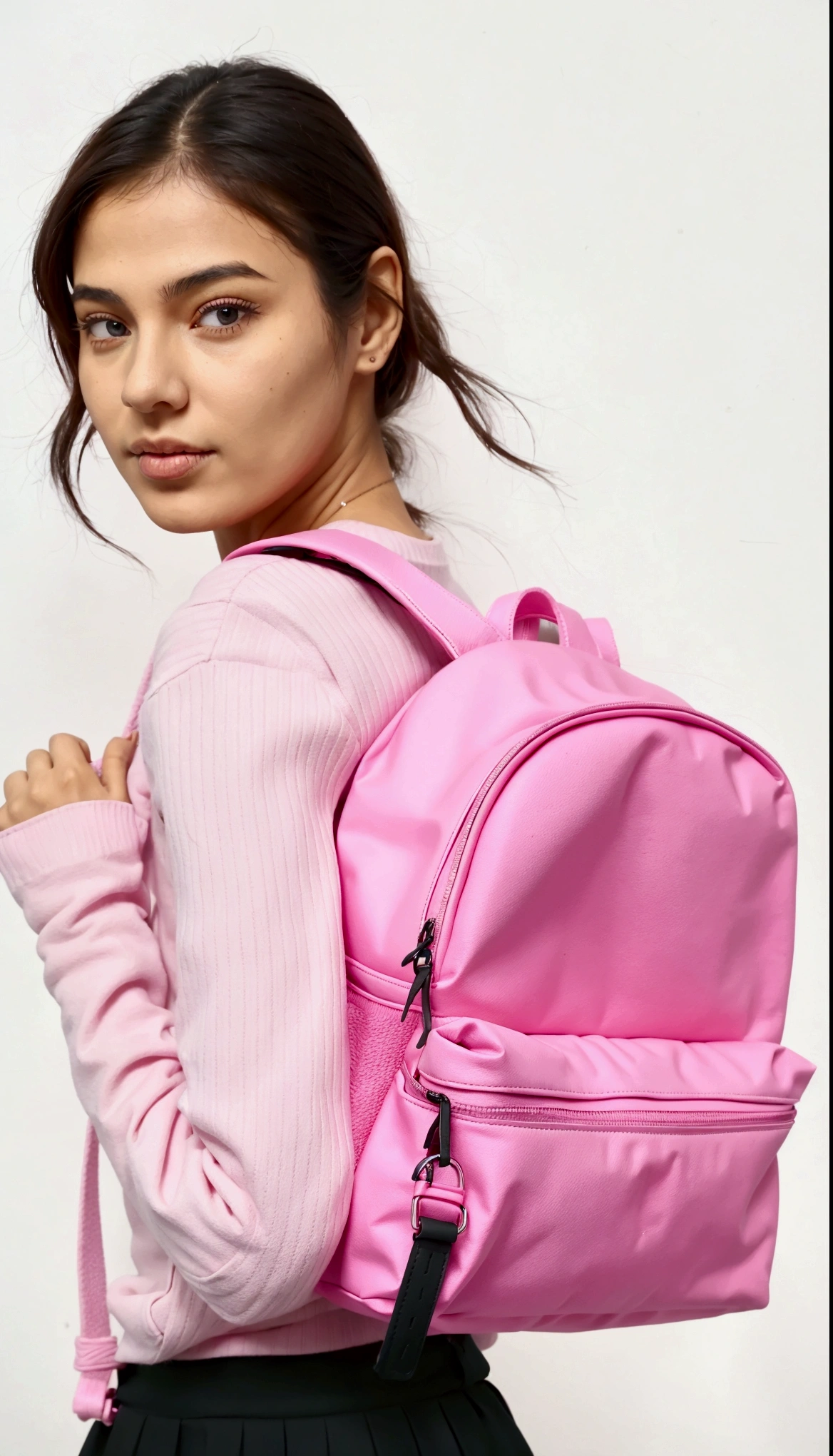 a woman in a pink sweater and black skirt holding a pink Mochila, Mochila, o saco da escola, a Mochila, with a Mochila, wearing strawberry Mochila, néon rosa pastel, Rosa neon, roupas rosa, Rosa, dayglo rosa, vibração rosa, bolsas, detalhes rosa e rosa, 🤬 🤮 💕 🎀, imagem de perfil, detalhes em rosa, um pouco de rosa