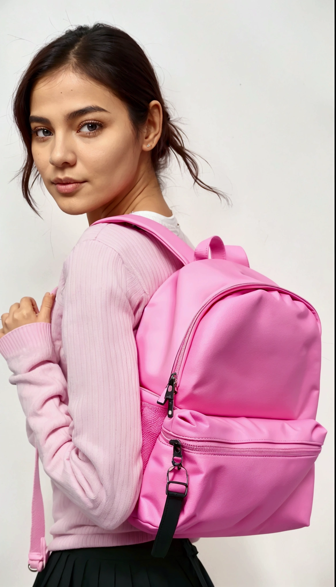 a woman in a pink sweater and black skirt holding a pink Mochila, Mochila, o saco da escola, a Mochila, with a Mochila, wearing strawberry Mochila, néon rosa pastel, Rosa neon, roupas rosa,  Rosa, dayglo rosa, vibração rosa, bolsas, detalhes rosa e rosa, 🤬 🤮 💕 🎀, imagem de perfil, detalhes em rosa, um pouco de rosa