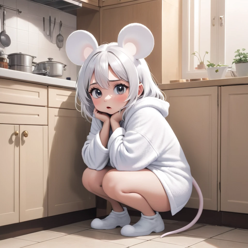 A girl with white hair and white mouse ears was squatting in the corner of the kitchen wearing only a towel, she looked scared