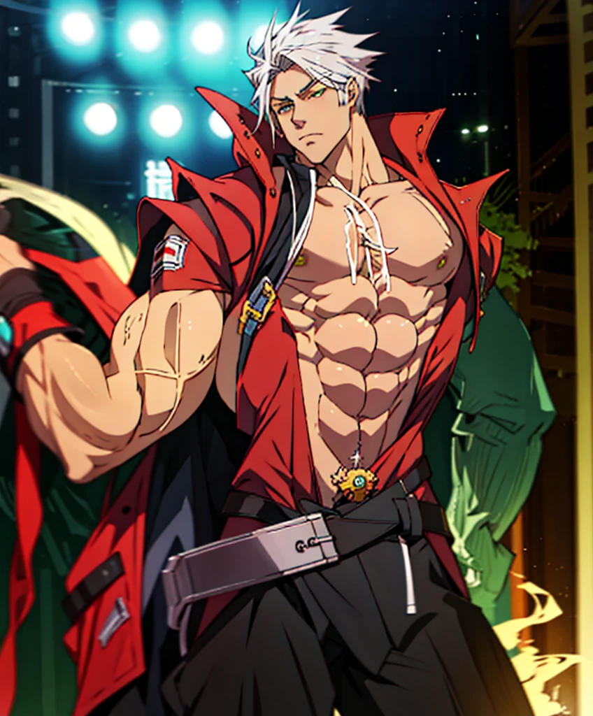 (masterpiece, best quality:1.2), 1boy, solo, bara, penis, muscular, erection, biceps, fullbody, large pectorals, big muscles, thick, ragna the bloodedge, red eyes, green eyes, heterochromia, white hair, short hair, spiked hair, 1boy, red jacket, open jacket, black shirt, belt, black gloves, black hakama, 4k, unzipped pants, penis out of pantsm awesome muscles, very buffed, thick arms, 