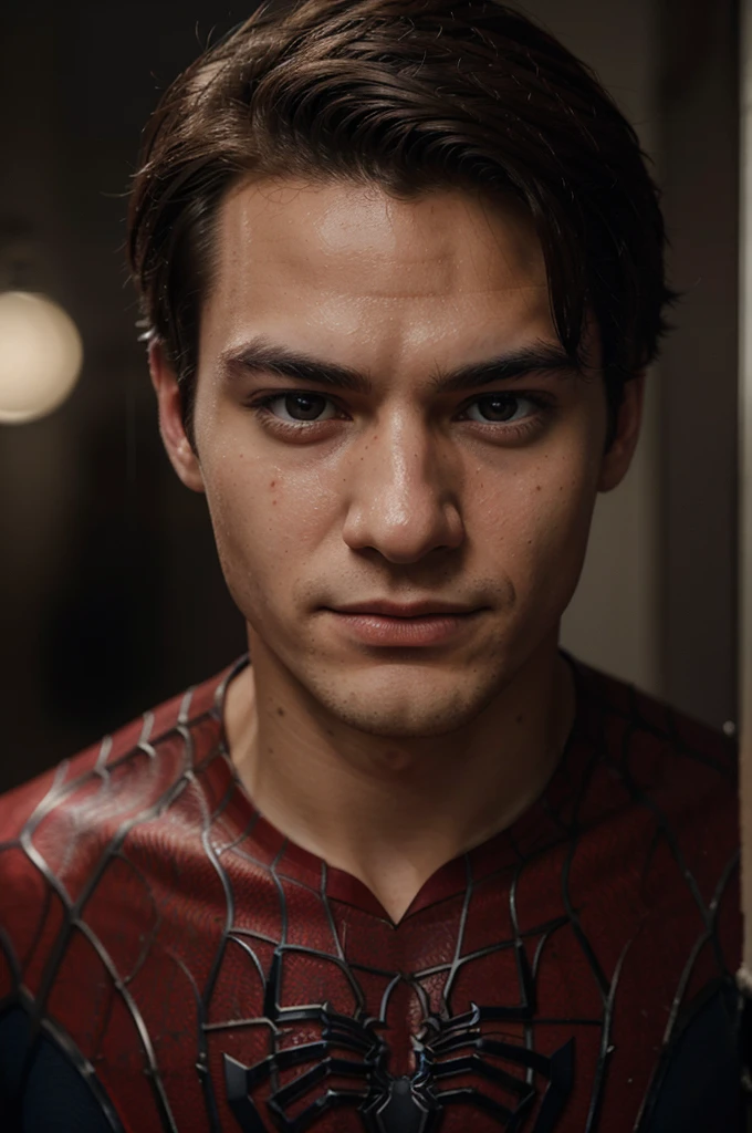 A photograph of spider man, no mask, 20 yo, handsome, detailed face, looking at camera, portrait, 8k uhd, high quality