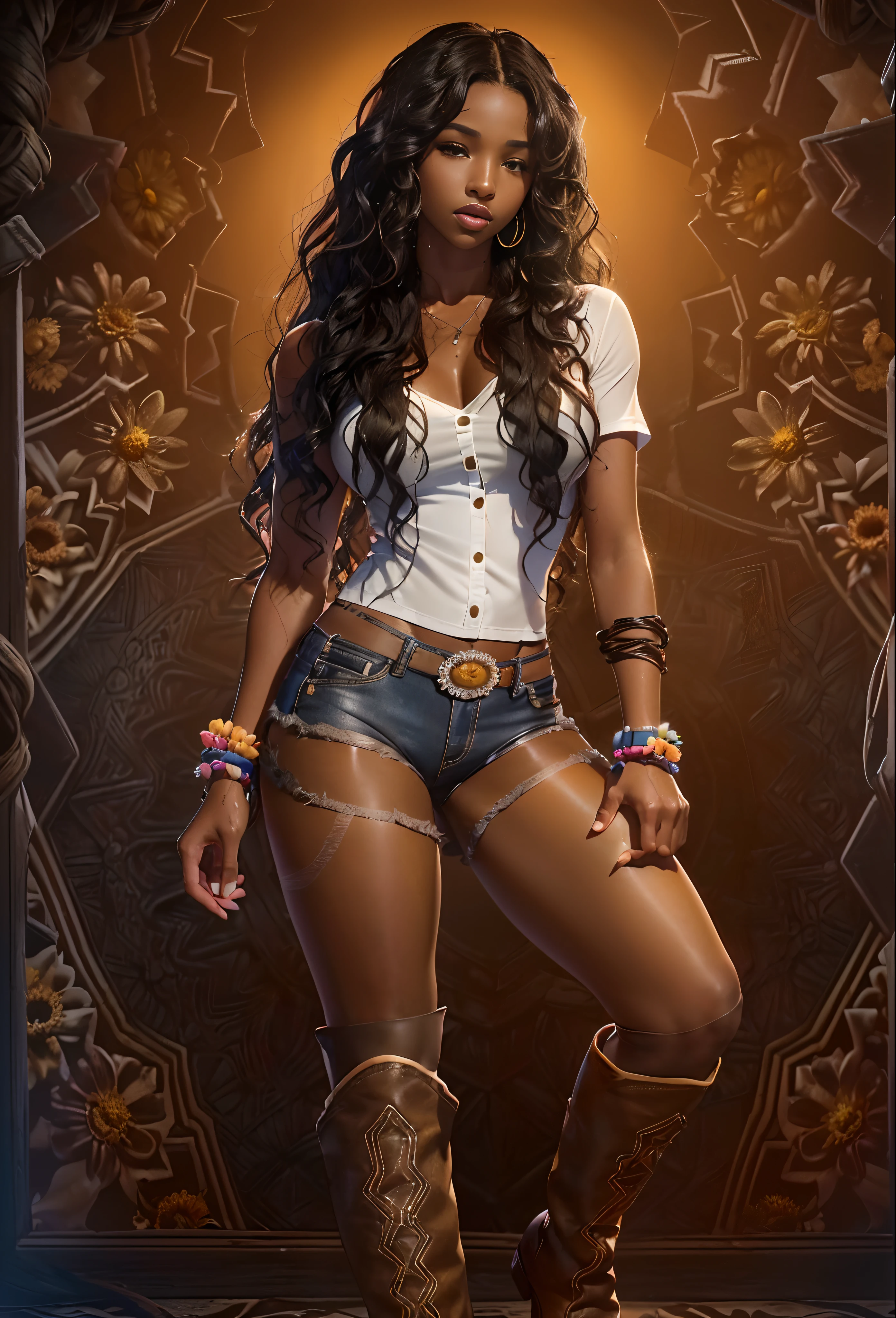 ((21 years))) black girl, (((skin fair))), (((close-up full body pose))), (((long wavy black hair))), (((beige pantyhose with tiny shorts))), (((wearing daisy shorts, white shirt, unbuttoned halfway, cowboy boots))), african tribal tattoo sleeve, dark fantasy art, Rico, deep colors, (details Intricate:0.9), (hdr, Hyper-detail:1.2), (natural skin textures, hyperrealisti, skin wet, smooth light, Spitz),