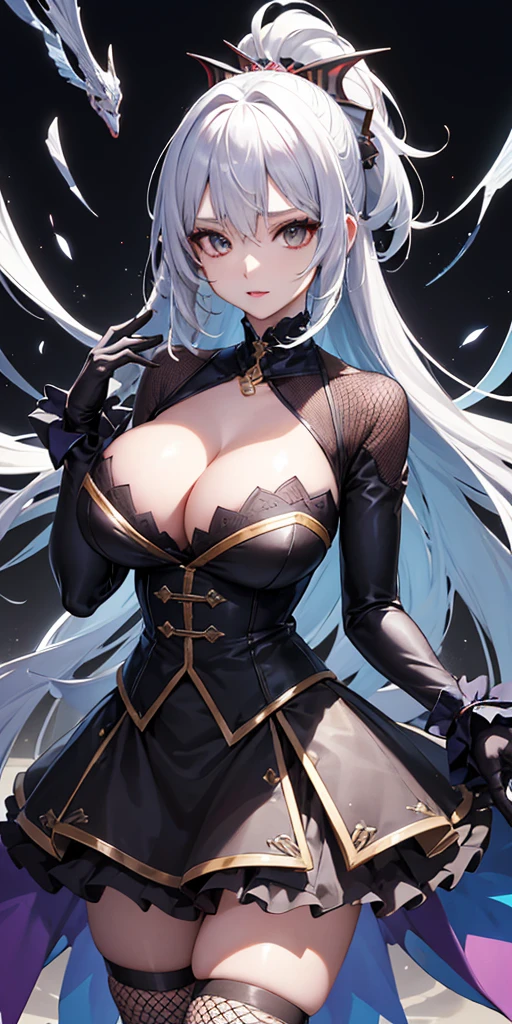 Very detailedな CG Unity 8K UHD 品質解像度の壁紙, Award-winning portraits, Official Art, A perfect masterpiece, Highest quality, Highest Resolution, The most beautiful demon goddess, Very detailedな原宿スタイルのフード付きacceptCostume, mini skirt,Fishnet tights, Bold colors and patterns, Trendy and innovative platinum white mohawk hairstyle, Bright makeup, Super huge huge , Showing cleavage, accept'large chest sticks out'Costume, A stunning feudal Japanese garden, Faithfully recreated feudal Japan...., Vibrant color scheme, Insane Details, Beautiful and dense face, blush, Sexy and charm lascivious expression, Looking at the audience, Obscene, Saucy, charm, sexy, Dynamic pose, Intricate details, Very detailed.