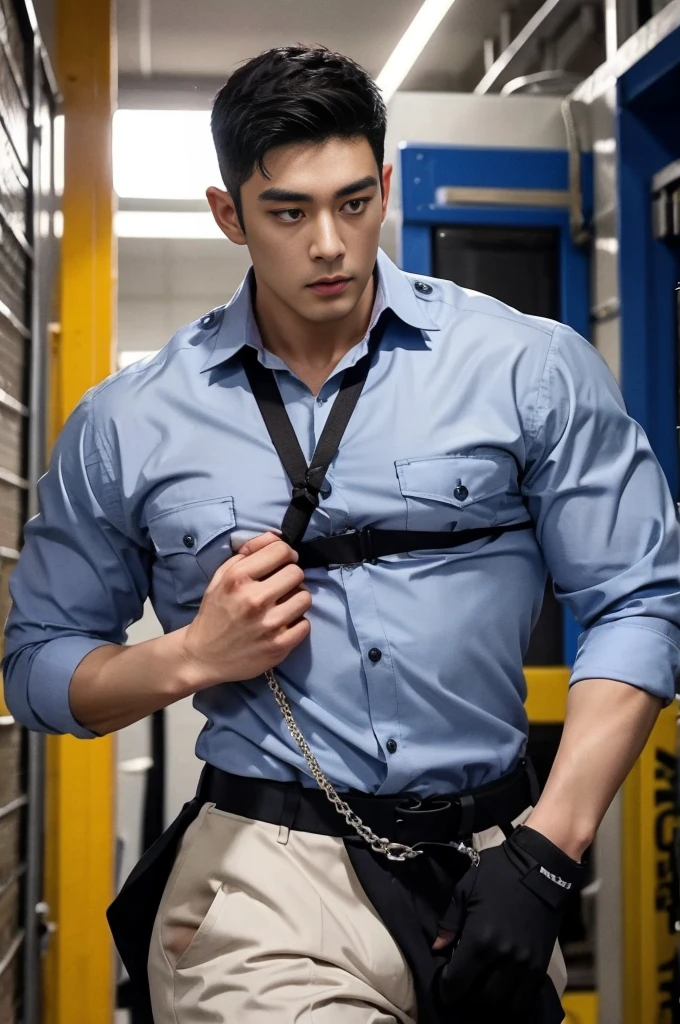 1 handsome Asian guy，27岁policeman，arafed male police 官 in  walking down a hallway, , wearing a sexy police outfit ,  kinky police ,  open outfit: police expose the penis , , majestic，Who is Shi Yu?, Li Yuanbin, Kim Hyung Tae, Kim Hyung Tae, Yin Shishan, Handsome Asian muscular guy，Broad shoulders and narrow waist，A handsome guy in police uniform，Form-fitting fabric contours the bust，in a remote warehouse，hands tied behind back，Hands tied behind the back，hands tied behind back，Masculine and sexy，High，Muscles look good，hairy body，Wheat complexion，black eyes（thin eyes 1：3），whole body image, huge penis, manly penis