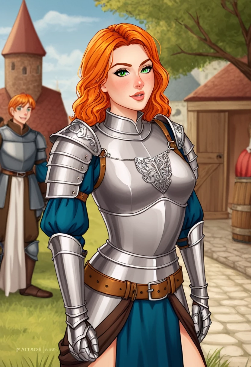 A ginger haired and green eyed boy from the medieval times, in peasant like clothes or knight armour