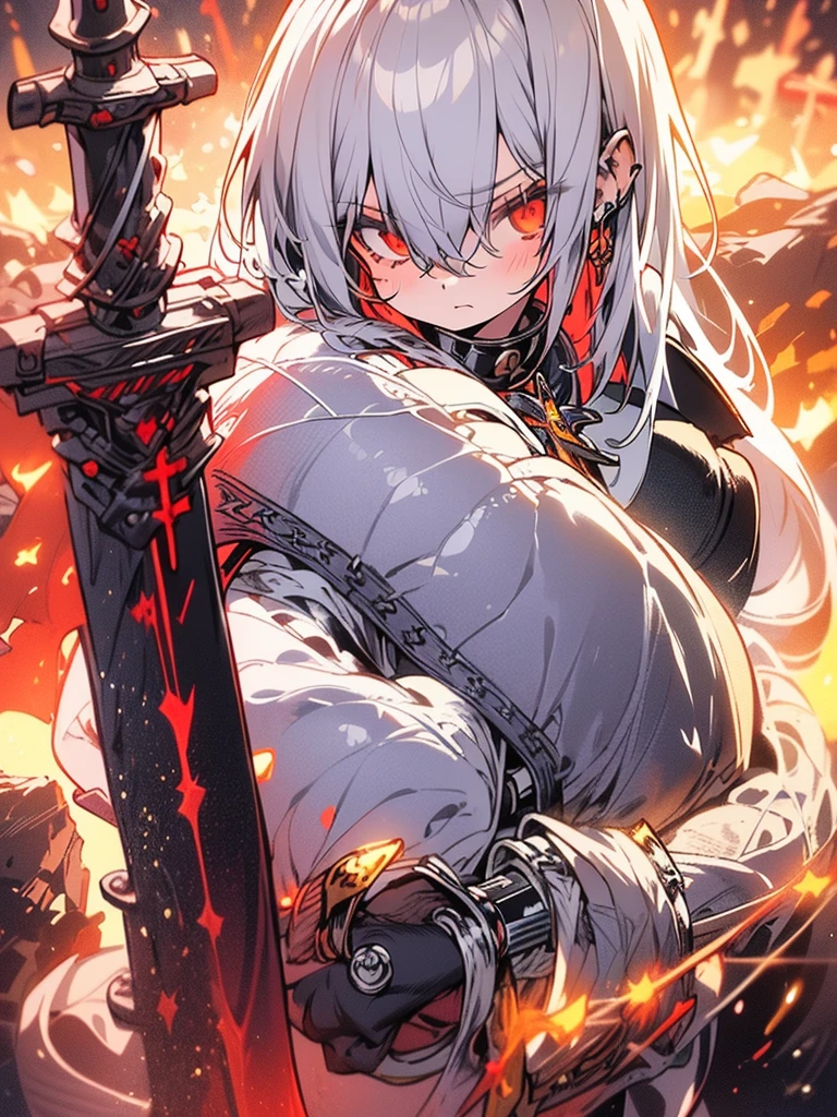 (late afternoon,dense atmosphere,cold,sensual,medieval,hurricane,Lightning,eyeing,eye),(8k highly detailed),female, white hooded cloak, long white hair,Full body silver armor,tired,masterpiece,mature,slim,tall,(((((holding a sacred sword))))),dark fantasy,cinematic light,dymanic shadow