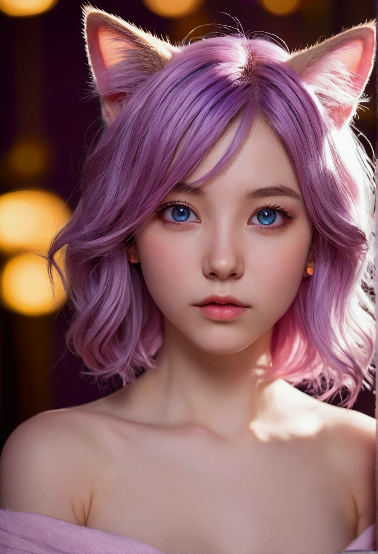 {{masterpiece}},{{Highest quality}},Bokeh,Awareness-raising,1 perfect portrait of a girl, A fascinating eye for perfect detail), Colorful Hair, (pink soft hair:1.6), (Cat ear:1.3), nsfw,Nude, naked, show off pussy,Whole body, Slim and tall body type, Fantasy purple background, {Exposed bare shoulders},{Long-term alienation_sleeve}, {Lean forward slightly}, If you look up,hair ornaments,{shy},Please keep your mouth shut, Tilt your head,{Small breasts} ,Cinema Lighting,Larger clothes, ((Seductive pose)), Bright Blue Eyes, close