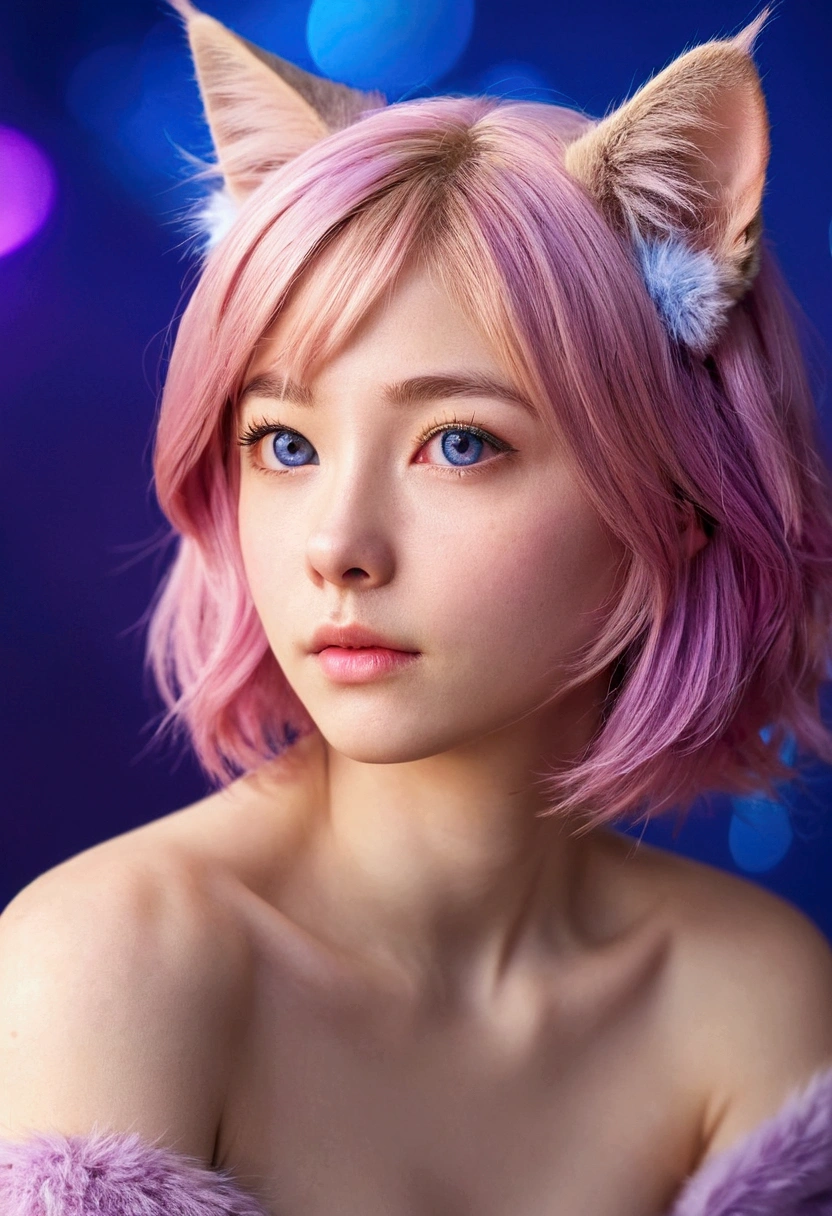 {{masterpiece}},{{Highest quality}},Bokeh,Awareness-raising,1 perfect portrait of a girl, A fascinating eye for perfect detail), Colorful Hair, (pink soft hair:1.6), (Cat ear:1.3), nsfw,Nude, ?????, show off pussy,Whole body, Slim and tall body type, Fantasy purple background, {Exposed bare shoulders},{Long-term alienation_sleeve}, {Lean forward slightly}, If you look up,hair ornaments,{shy},Please keep your mouth shut, Tilt your head,{Small breasts} ,Cinema Lighting,Larger clothes, ((Seductive pose)), Bright Blue Eyes, close