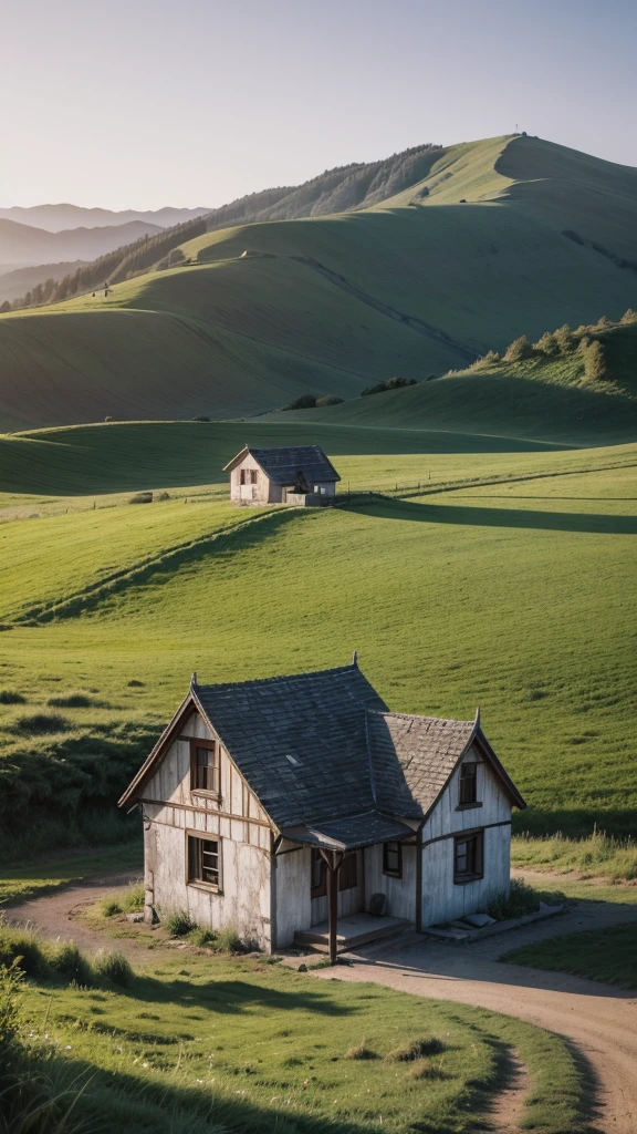 Simple and beautiful rural landscape with a small house, antiga