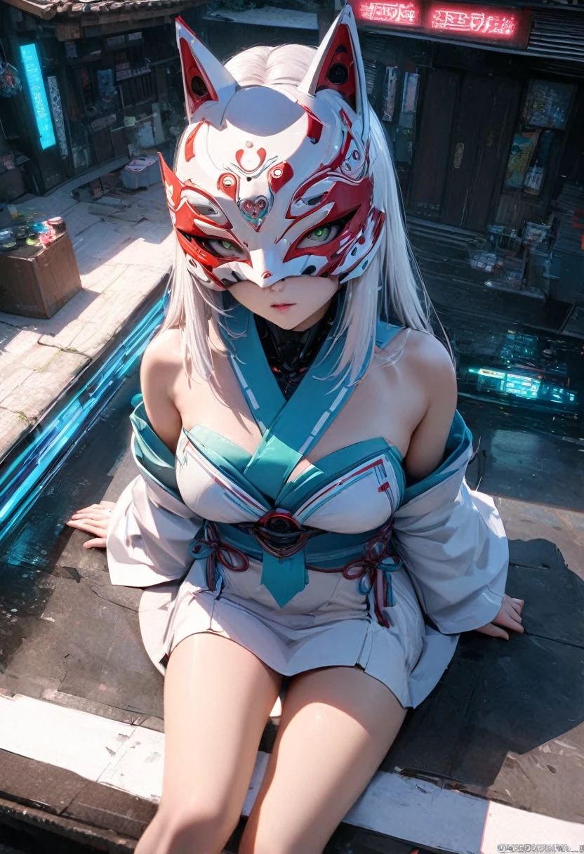 Capturing the essence of futurism,, shadow over face, And the flashing lights of electronic devices. The art is very realistic,Cyberpunk面具，1 Girl, Shrine maiden，Fox Mechanical Mask，Cyberpunk, Cyberpunk面具，Precision mechanics， summer，Shrine maiden服， Big Perspective，Overlooking，Sitting and looking up at the camera，Close shot，Focus on the characters，精致的design感，Simplicity，design

