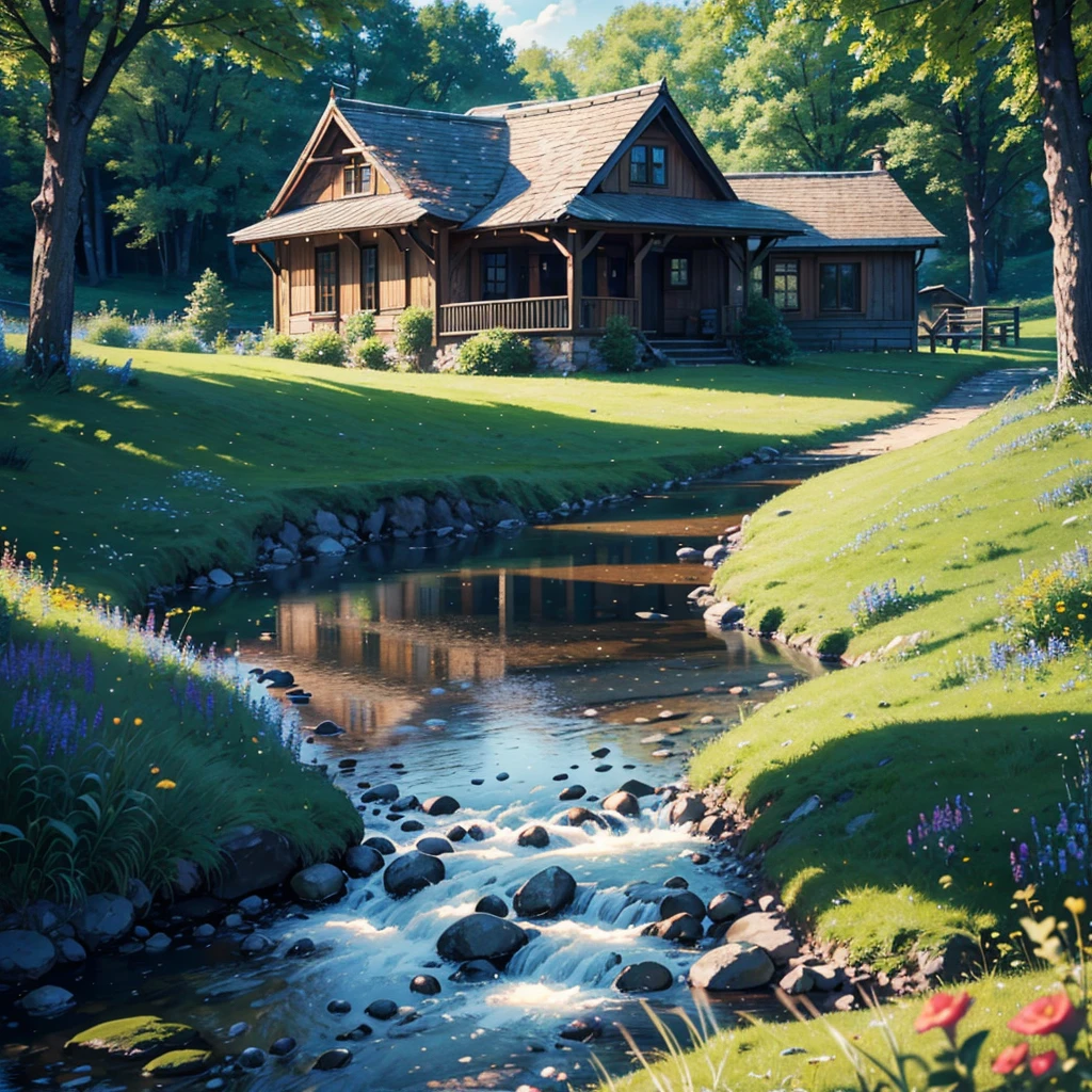 A cozy stone cottage set in a meadow full of blooming wildflowers, surrounded by rolling green hills. A clear brook babbles under an old wooden bridge, with sunbeams filtering through the trees. Birds fly overhead, creating a peaceful and inviting scene. (best quality, 4k, 8k, highres, masterpiece:1.2), ultra-detailed, (realistic, photorealistic, photo-realistic:1.37), landscape, natural lighting, vibrant colors, serene.