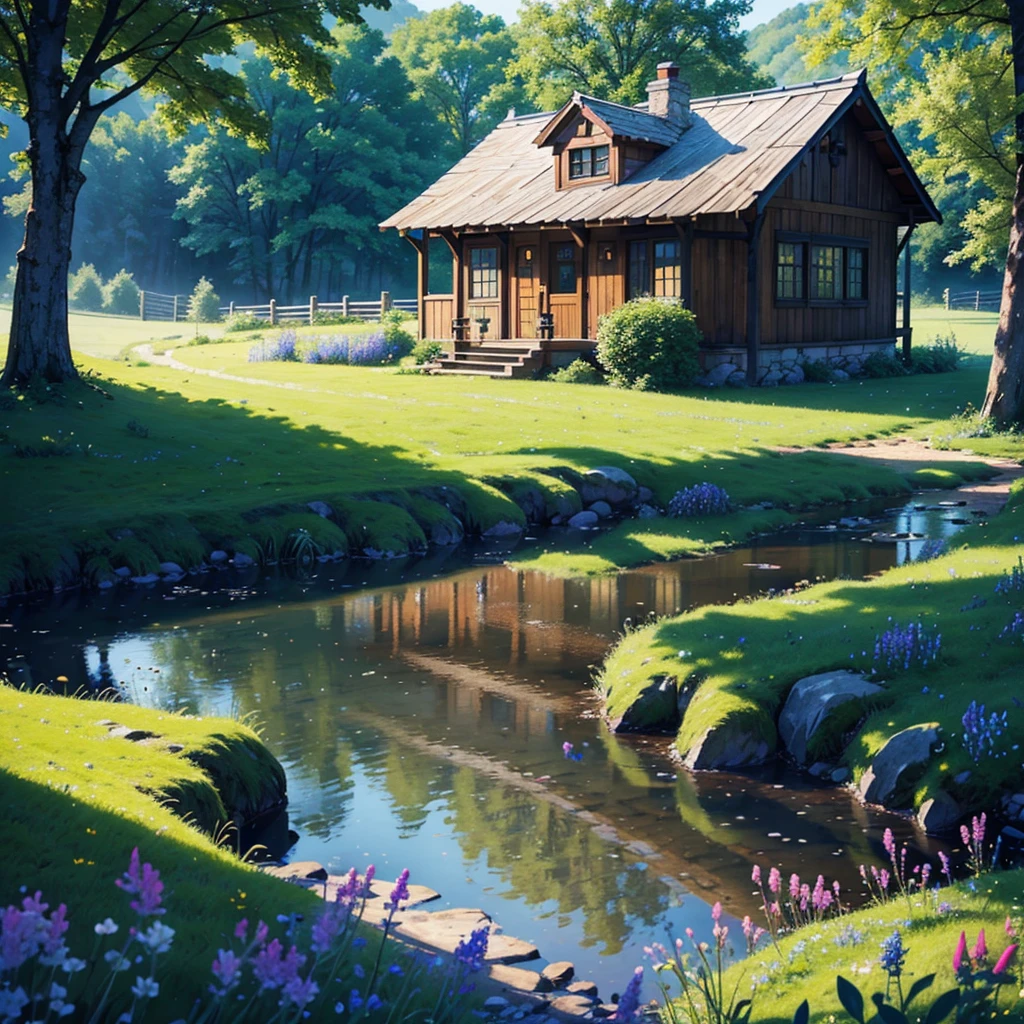 A cozy stone cottage set in a meadow full of blooming wildflowers, surrounded by rolling green hills. A clear brook babbles under an old wooden bridge, with sunbeams filtering through the trees. Birds fly overhead, creating a peaceful and inviting scene. (best quality, 4k, 8k, highres, masterpiece:1.2), ultra-detailed, (realistic, photorealistic, photo-realistic:1.37), landscape, natural lighting, vibrant colors, serene.