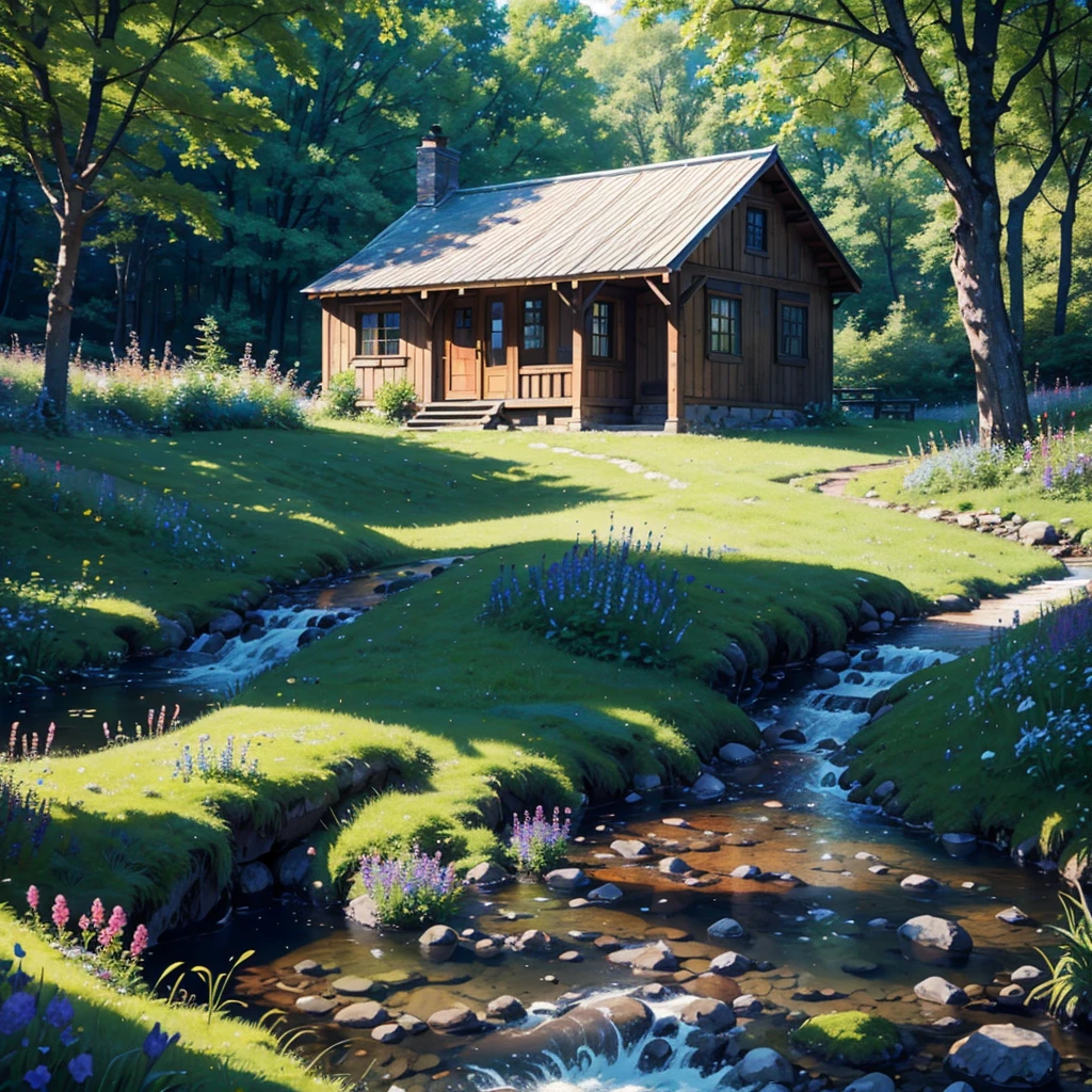 A cozy stone cottage set in a meadow full of blooming wildflowers, surrounded by rolling green hills. A clear brook babbles under an old wooden bridge, with sunbeams filtering through the trees. Birds fly overhead, creating a peaceful and inviting scene. (best quality, 4k, 8k, highres, masterpiece:1.2), ultra-detailed, (realistic, photorealistic, photo-realistic:1.37), landscape, natural lighting, vibrant colors, serene.