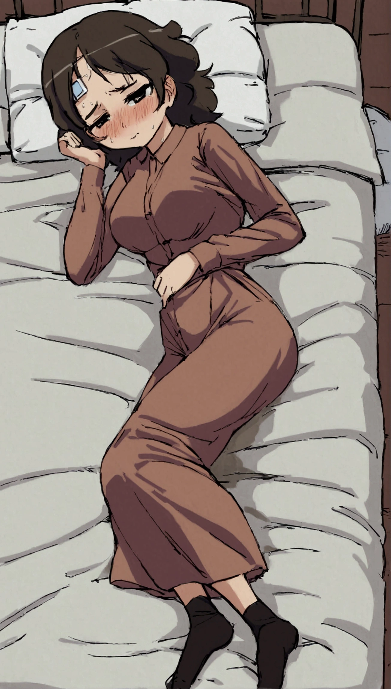 Anime. 1 woman. Young woman. 35 years. Sick. Lying in bed. Full height. Full body. Salts flow from the nose. Compress on the forehead. thermometer under my arm. Sweat. I peed myself. I crap myself with diarrhea.