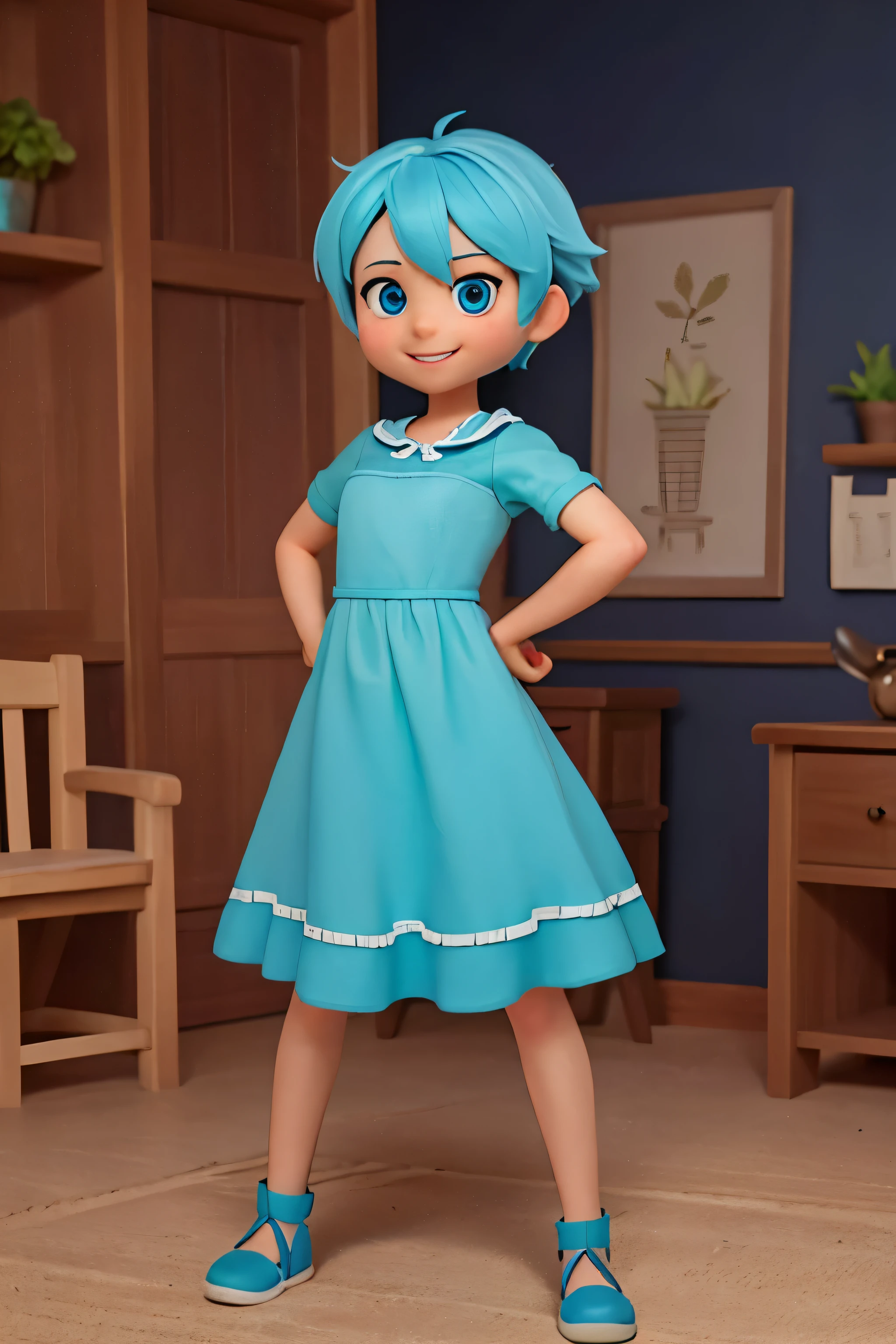 The image features a realistic girl against a dark background. The character has short strong light blue hair, blue eyes, he must be wearing a green dress, Her dress must be GREEN. makes her stand with her hands on her hips, the character is a girl. The character's pose is friendly and welcoming, makes him smile with his teeth showing, makes him realistic