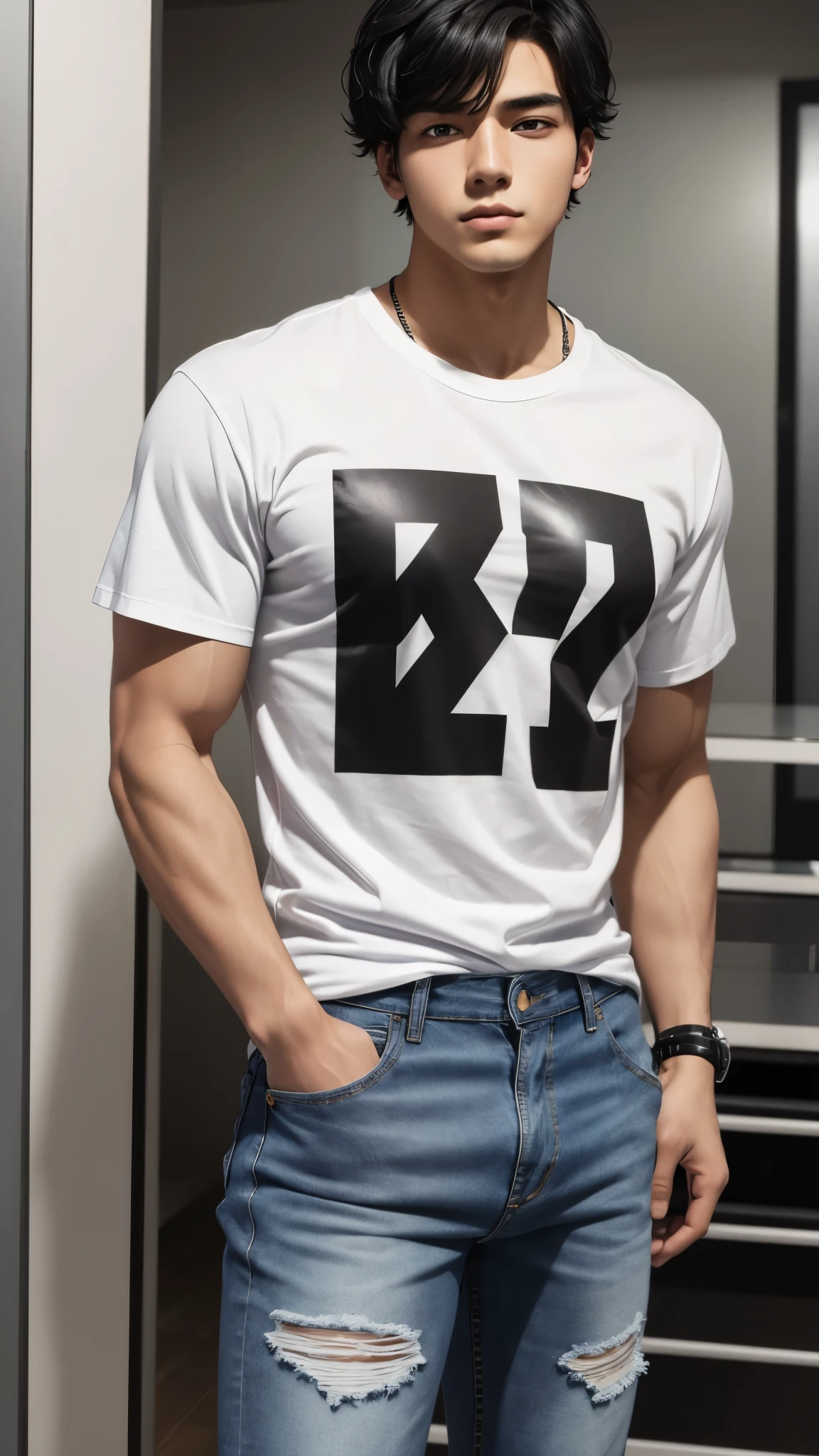 21-year-old man , middle black hair, muscular, white t-shirt, jeans