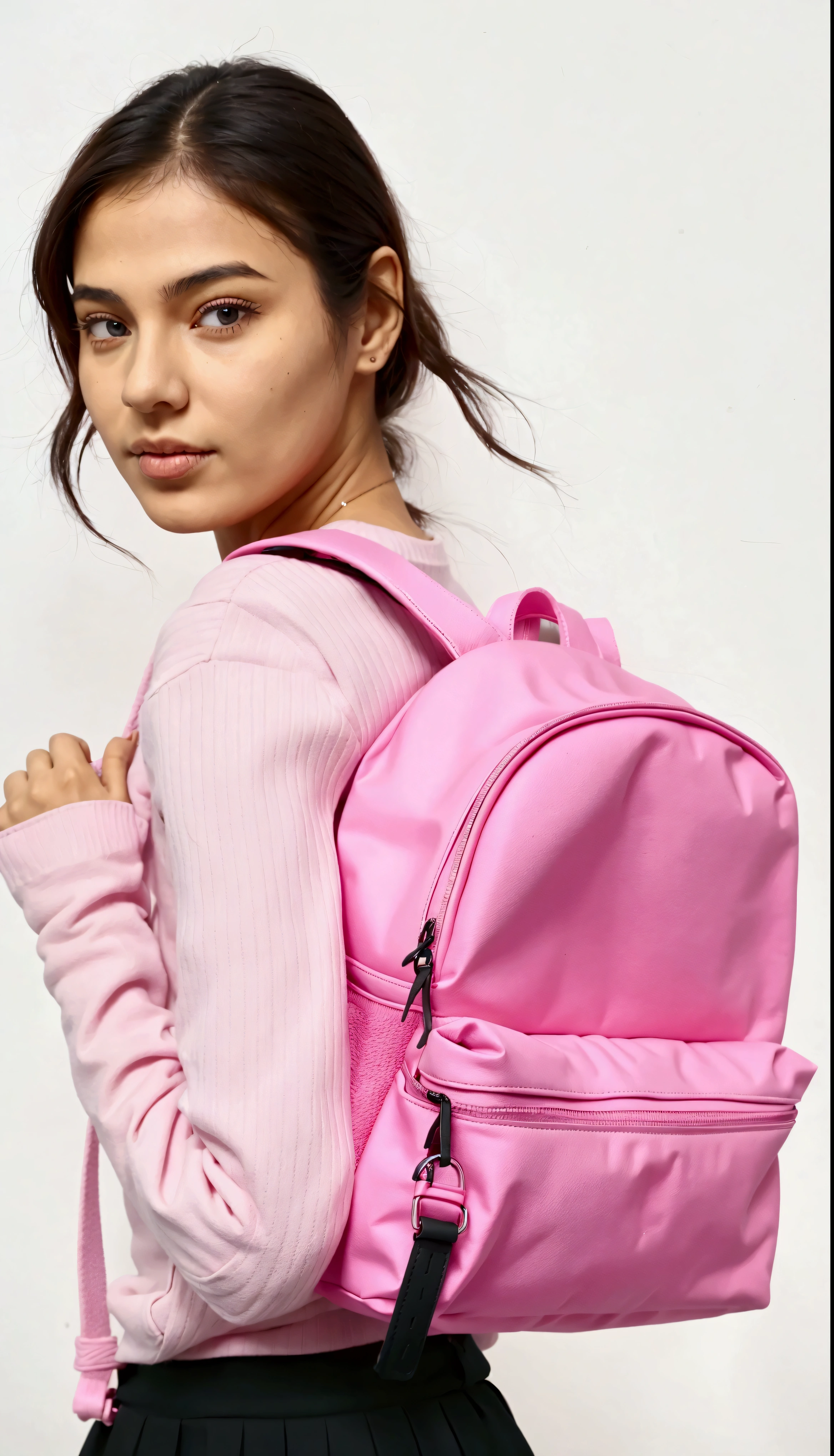 a woman in a pink sweater and black skirt holding a pink Mochila, Mochila, o saco da escola, a Mochila, with a Mochila, wearing strawberry Mochila, néon rosa pastel, Rosa neon, roupas rosa, Rosa, dayglo rosa, vibração rosa, bolsas, detalhes rosa e rosa, 🤬 🤮 💕 🎀, imagem de perfil, detalhes em rosa, um pouco de rosa