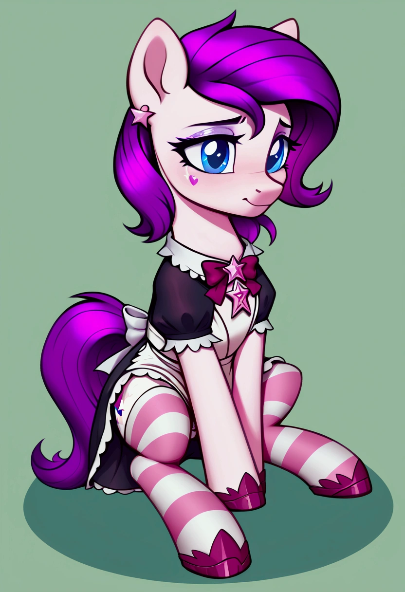 score_9,score_8_up,score_7_up,score_6_up, ((my little pony)), radiant lighting, vibrant colors, whimsical atmosphere, 8K, high resolution, highly detailed, masterpiece, (shy look), ((pony body)), white body, pink hair, blue eyes, (maid costume), striped stockings, star pendant, earrings, eyeshadow