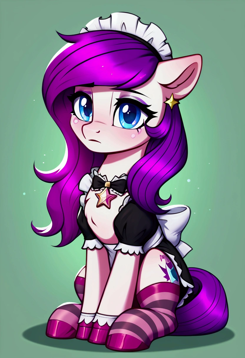score_9,score_8_up,score_7_up,score_6_up, ((my little pony)), radiant lighting, vibrant colors, whimsical atmosphere, 8K, high resolution, highly detailed, masterpiece, (shy look), ((pony body)), white body, pink hair, blue eyes, (maid costume), striped stockings, star pendant, earrings, eyeshadow