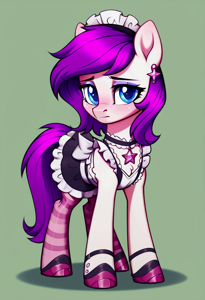 score_9,score_8_up,score_7_up,score_6_up, ((my little pony)), radiant lighting, vibrant colors, whimsical atmosphere, 8K, high resolution, highly detailed, masterpiece, (shy look), ((pony body)), white body, pink hair, blue eyes, (maid costume), striped stockings, star pendant, earrings, eyeshadow