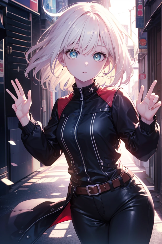 They haven&#39;t even toned it down, Nishikigi chisato, short hair, bangs, Blonde, (Red eyes:1.5), Hair Ribbon, One side up, Bobcut,Riders jacket,sweater,Leather pan,short boots,(bike　Harley-Davidson),Leaning on the bike、
break outdoors, parking,
break looking at viewer, (Cowboy Shot:1.5),
break (masterpiece:1.2), Highest quality, High resolution, unity 8k wallpaper, (shape:0.8), (Fine and beautiful eyes:1.6), Highly detailed face, Perfect lighting, Highly detailed CG, (Perfect hands, Perfect Anatomy),