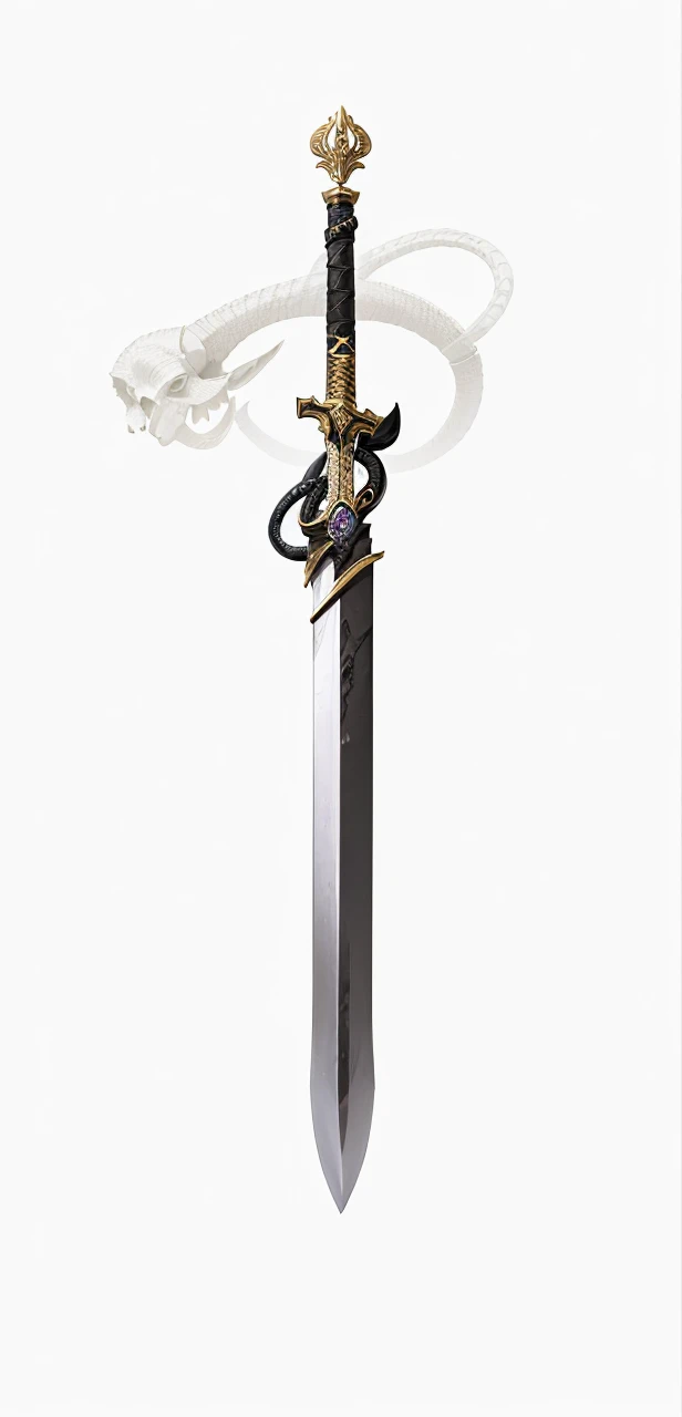 Sword, on its scabbard has a sheep's skull, sword wrapped by a black snake. 