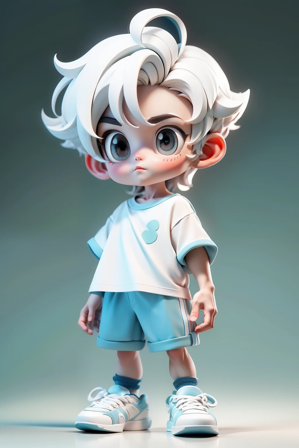 White short-haired boy, white short-sleeved shirt, blue shorts, white sneakers