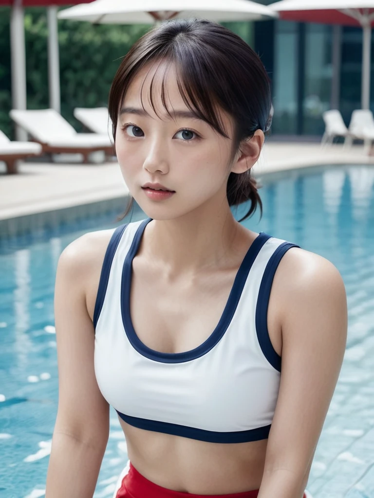 (best quality:1.2), masterpiece, Realistic, Ultra-high resolution, ((a beautiful Japanese idol  woman:1.2)), (Gaunt:1.3), (((Very flat chest:1.4))), ((Baby Face)),me your sweaty armpits:1.2))), ((Upper Body:1.4)), (arms up), (focus on her armpit:1.3), ((Armpits are wet and shiny with sweat)), She has skin that sweats easily Soaking wet, (athletics stadium, track and field athlete:1.2), ((topless))