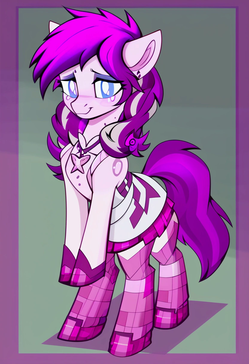 score_9,score_8_up,score_7_up,score_6_up, ((my little pony)), radiant lighting, vibrant colors, whimsical atmosphere, 8K, high resolution, highly detailed, masterpiece, (shy look), ((pony body)), white body, pink hair, blue eyes, (maid costume), striped stockings, star pendant, earrings, eyeshadow 